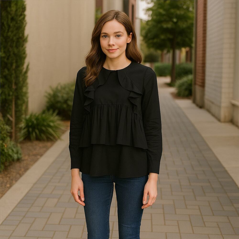 Black Ruffle Long Sleeve Cotton Blouse Tiered Keyhole Back Top